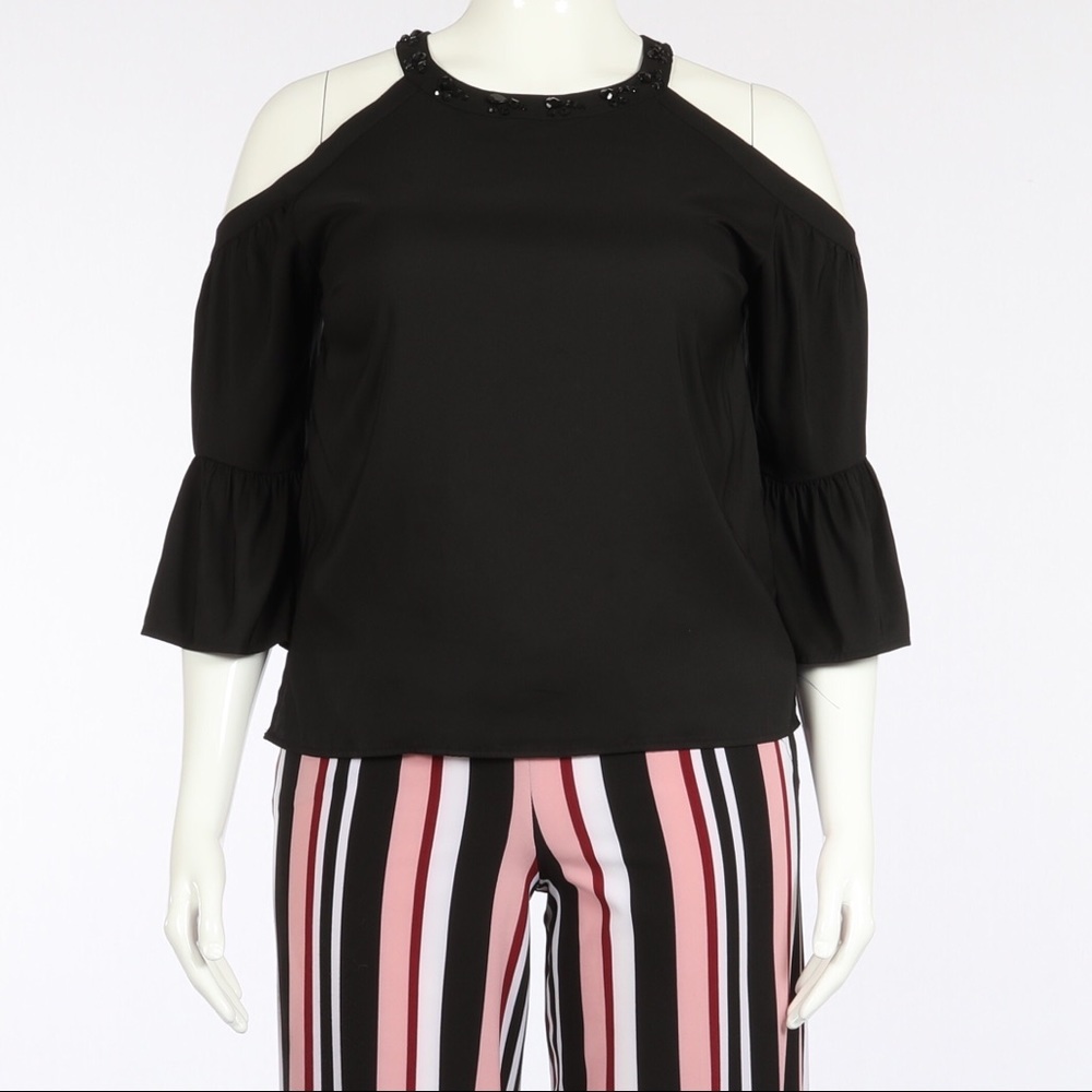 NY&CO Cold Shoulder Jewel Neck Blouse BLK SZ M